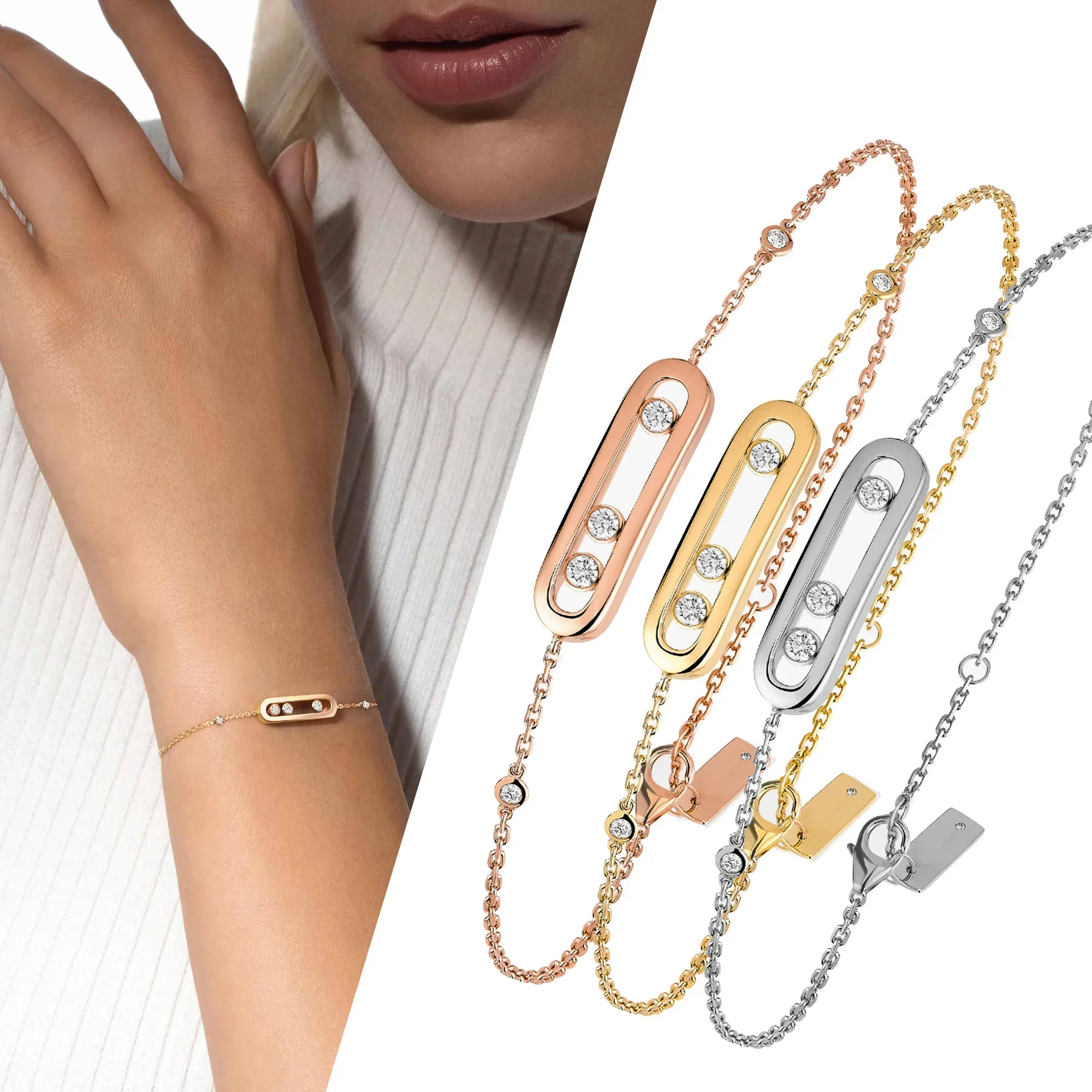 

925sterling silver Lisse 3 Diamants Move Bracelet Messica Femmes Bijoux De Luxe Marque Vintage Style Party
