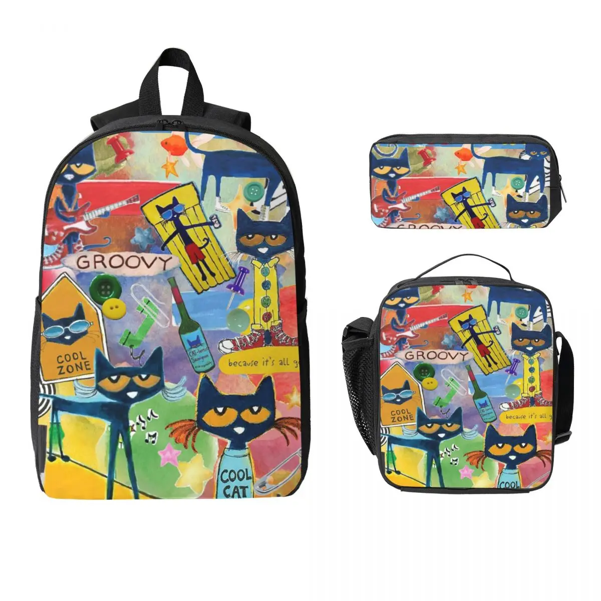 

Pete The Cat Backpack Boys Girls BookBag School Bag Computer Shoulder Bags 3ps Insulated Lunch Bag Pencil Case