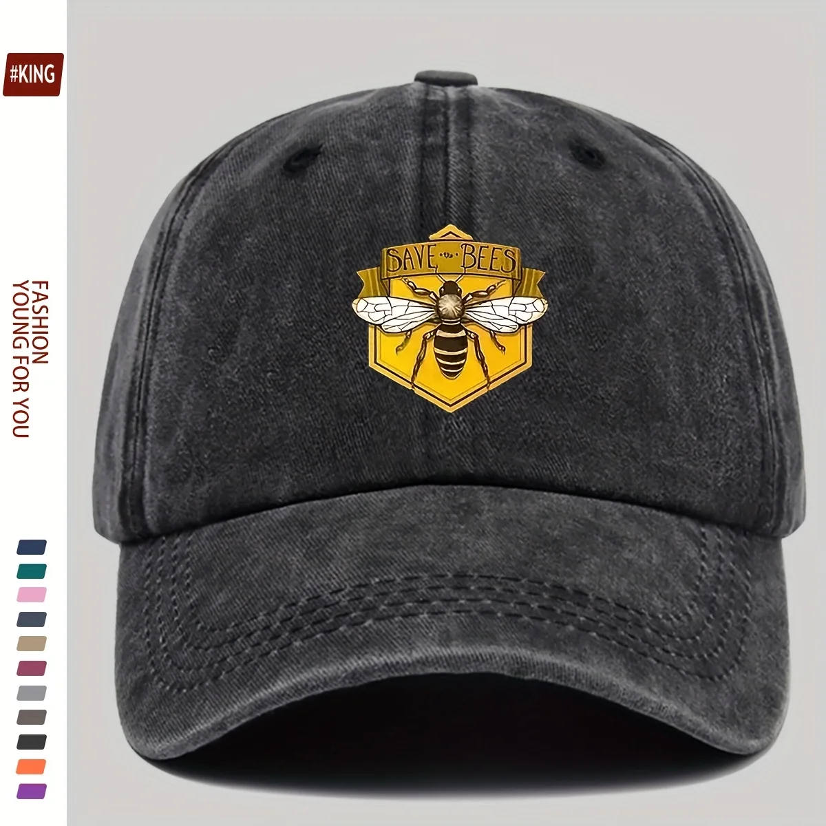 Retro bee patterned printed baseball cap with adjustable breathability and sun protection for street skateboarding couples