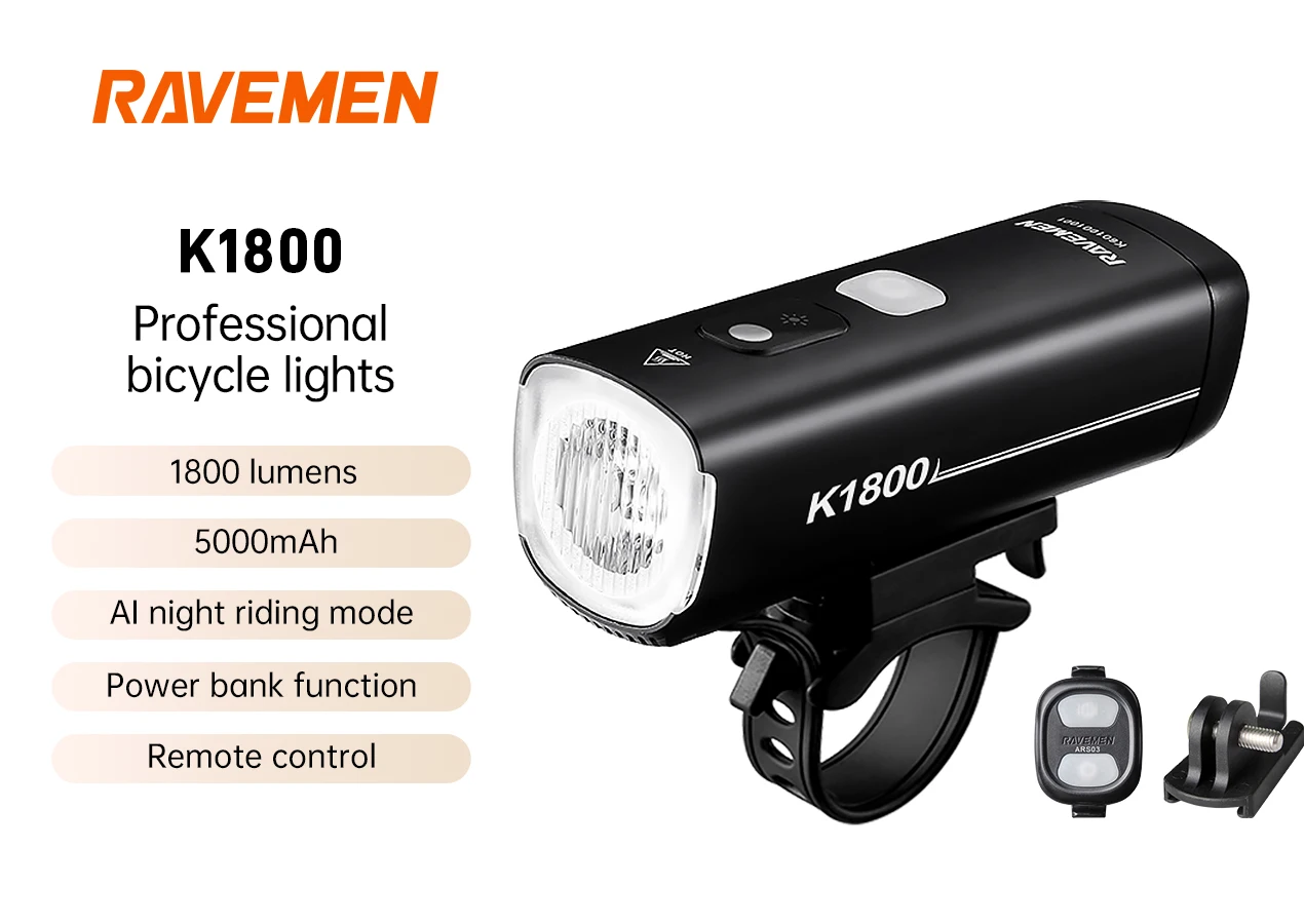 

Ravemen Bike Head Light Bicycle Front Lamp Rechargeable Wireless Remote K1800 +AUB01 Upside-down Mount AI Daytime/Night Riding