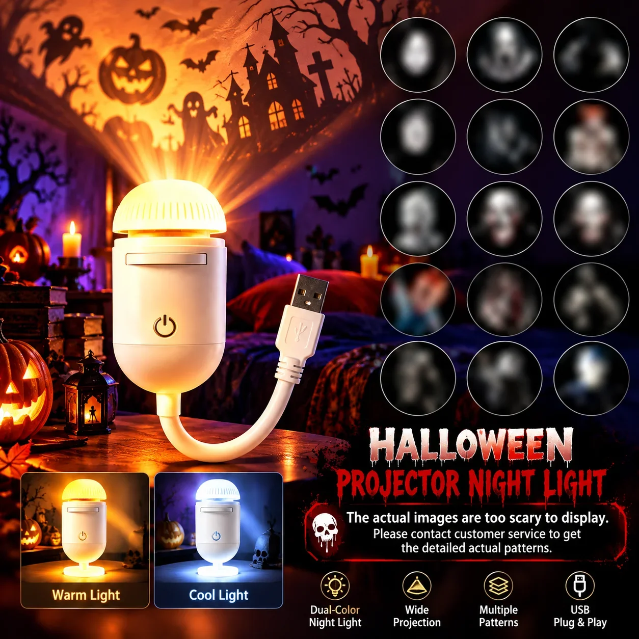 Halloween Horror Prank Party LED Night Light Projector 14 Patterns 3 Modes Touch Control USB Powered for Car Bedroom Room Decor