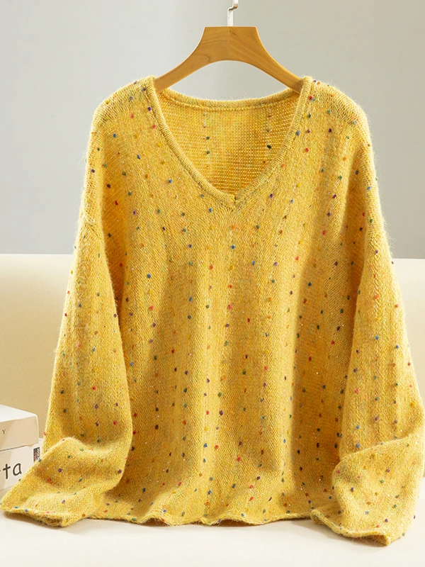 

Блестящий свитер с V-образным вырезом, женский модный вязаный топ больших размеров с тяжелыми украшениями, японский теплый, нежный свободный крой