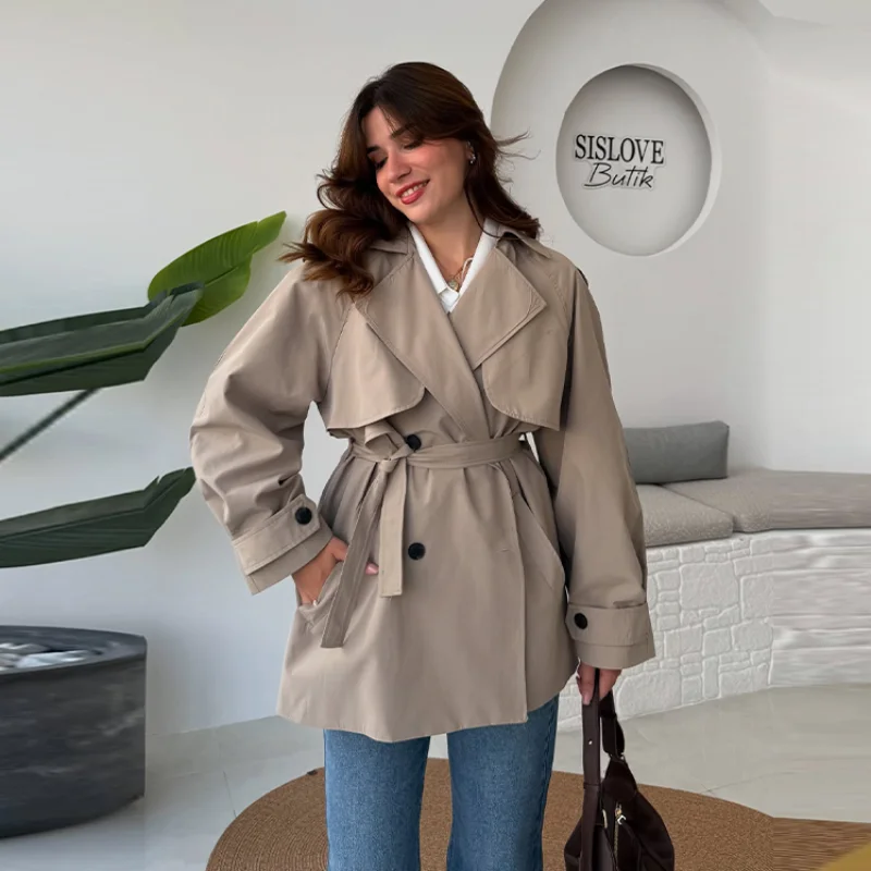 

Универсальный классический плащ для офиса и женщин цвета хаки на шнуровке, модный модный осенний повседневный женский наряд средней длины
