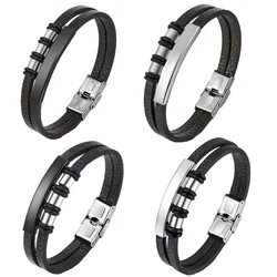 Genuine Leather Bracelet for Men Hip Hop Stainless Steel Charm Leather Wrap Bracelet Homme Wristband Hand Jewelry Accessories