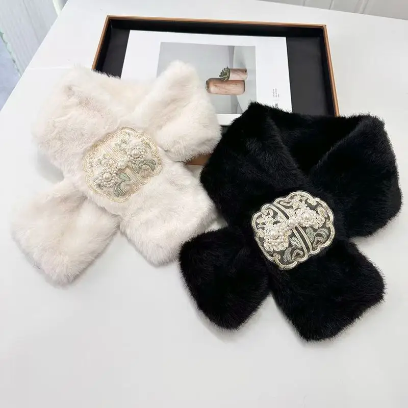 Women Faux Fur Cross Neck Warmer New Chinese Style Pearl Embroidery Plate Buckle Winter Soft Fluffy Muffler Scarf
