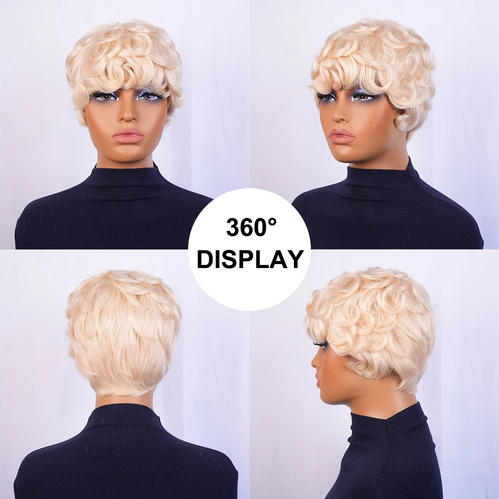 Loira pixie corte peruca curto ovo encaracolado perucas 100% perucas de cabelo humano com franja pré arrancada para mulheres cabelo bazilian máquina feita boné