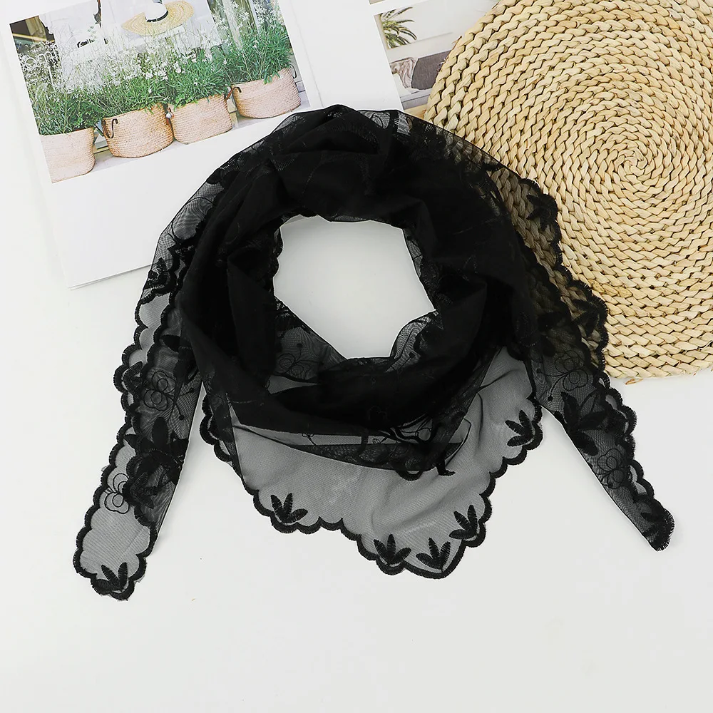 Black White Solid Lace Flower Print Triangular Scarf for Women Fashion Versatile Elegant Headscarf Shawl Clothing Accessory Gift