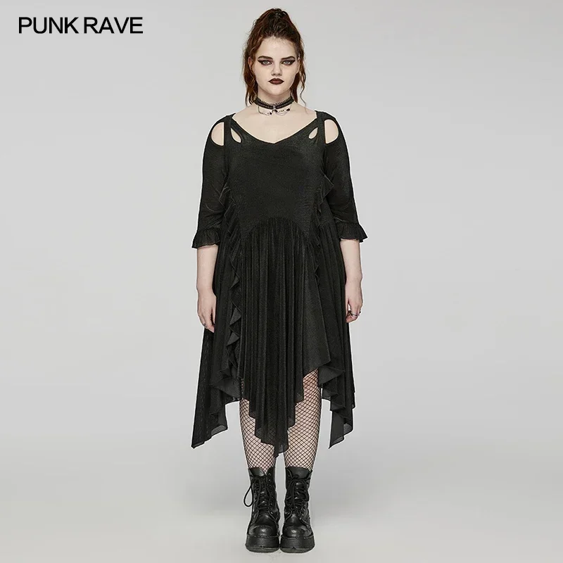 

PUNK RAVE Gothic Temperament Elastic Flocked Mesh Ruffled Edges Irregular Dresses Black Big Swing Loose Evening Dress for Women