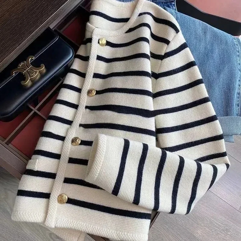 White Black Striped Short Cardigan Women Korean Fashion Sweater Elegant Long Sleeve Top 2022 Spring cardigan women traf