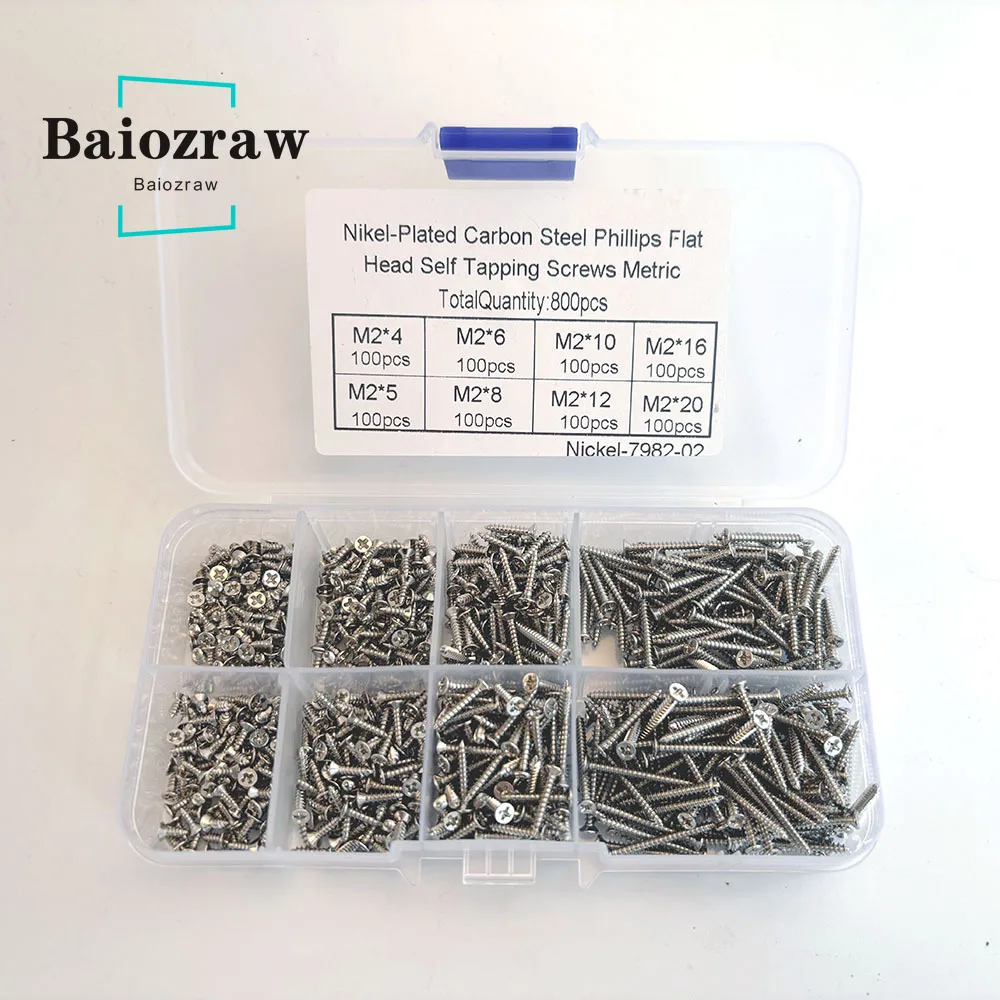 

Винт для 3D-принтера 800 шт. M2, никелированные углеродистые стальные саморезы с плоской головкой Phillips, метрические винты, гайка, черные стальные наборы