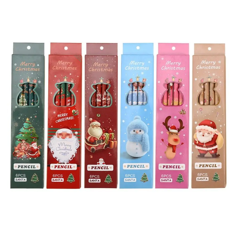 6pcs New Years Gifts Cute Christmas Cartoon Pencil Painting Wooden Drawing Tool Snowman Elk Lead Pencil Students