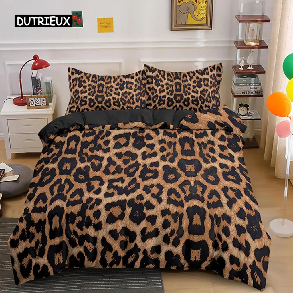 Leopard Print Bedding Set com fronha, pele animal Duvet Cover, colcha, poliéster Comforter, crianças, adolescentes, adulto