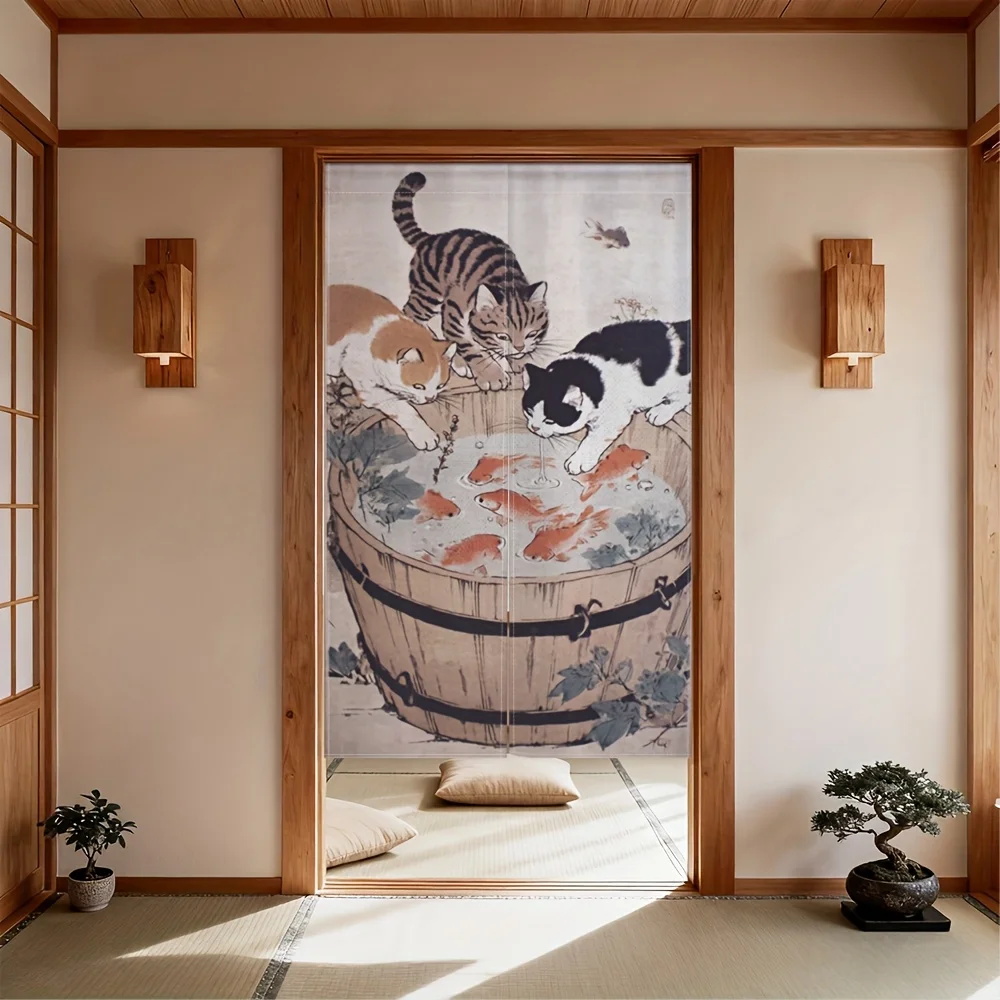 Flag Shape Japanese Cat Goldfish Door Curtain - 2D Flat Print Rod Pocket Partition Drape for Kitchen Pantry Tearoom Decor