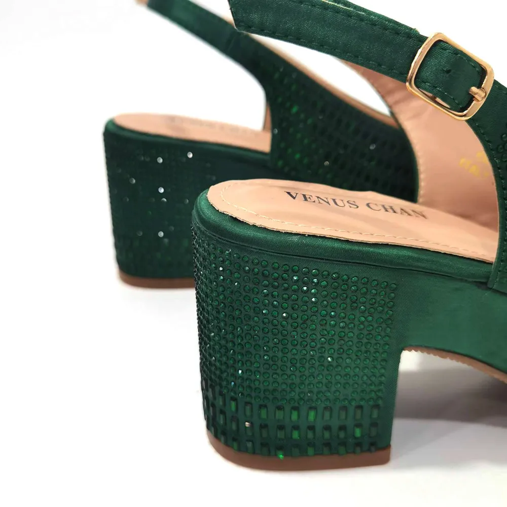 High Quality Green Color Hot Selling Comfortable Heels Ladies Elegent Sandals Matching Handalbag Set For Party Pump