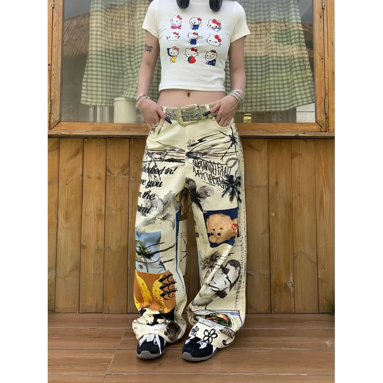 

Повседневные джинсы с индивидуальной цифровой печатью, женские свободные прямые широкие брюки с высокой талией, мешковатые джинсы