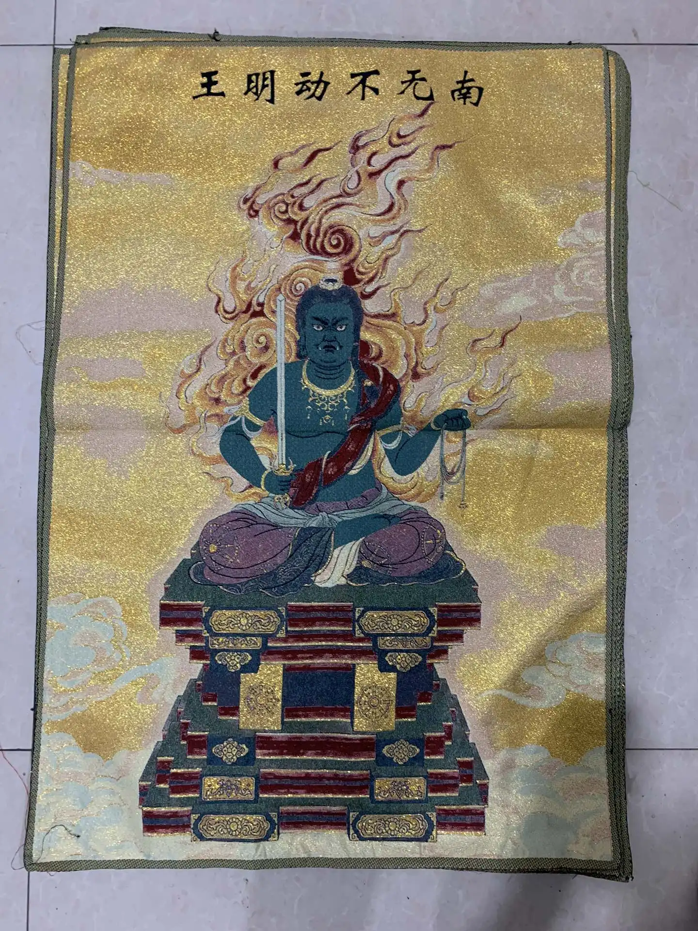 Chinese Charm Silk Weaving Brocade Tangka Tibetan Buddha Embroidery Immovable Ming King