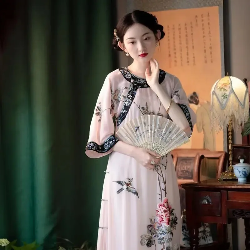 Robe chinoise d'été à col rond et manches mi-longues, imprimé abricot, Cheongsam moderne pour femmes, robes de soirée élégantes, Costumes de fête