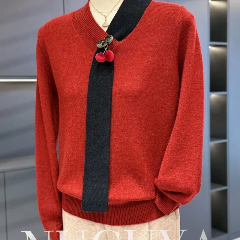 

Autumn New Fashion Splicing Warmful Cashmere Sweater Women New Causal V-neck Red Knit Pullover Slim Waist Female Knitwear