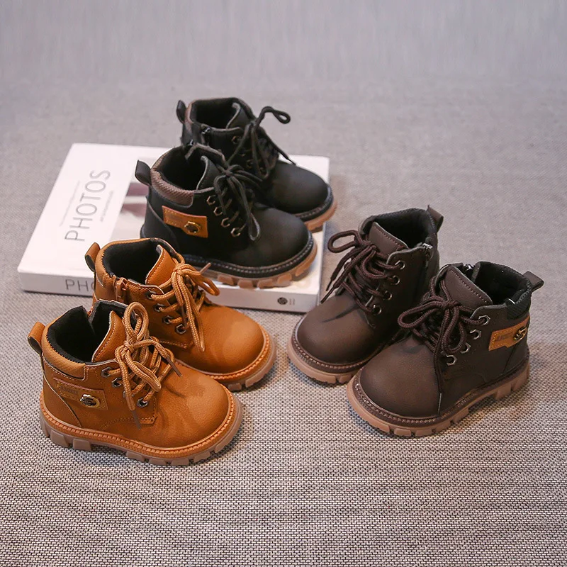 

Children Autumn Winter Leather Boots Girl Fashion Warm Retro Soft Soled Boot Boy Front Lacing Side Zippers Solid Color Kid Shoes