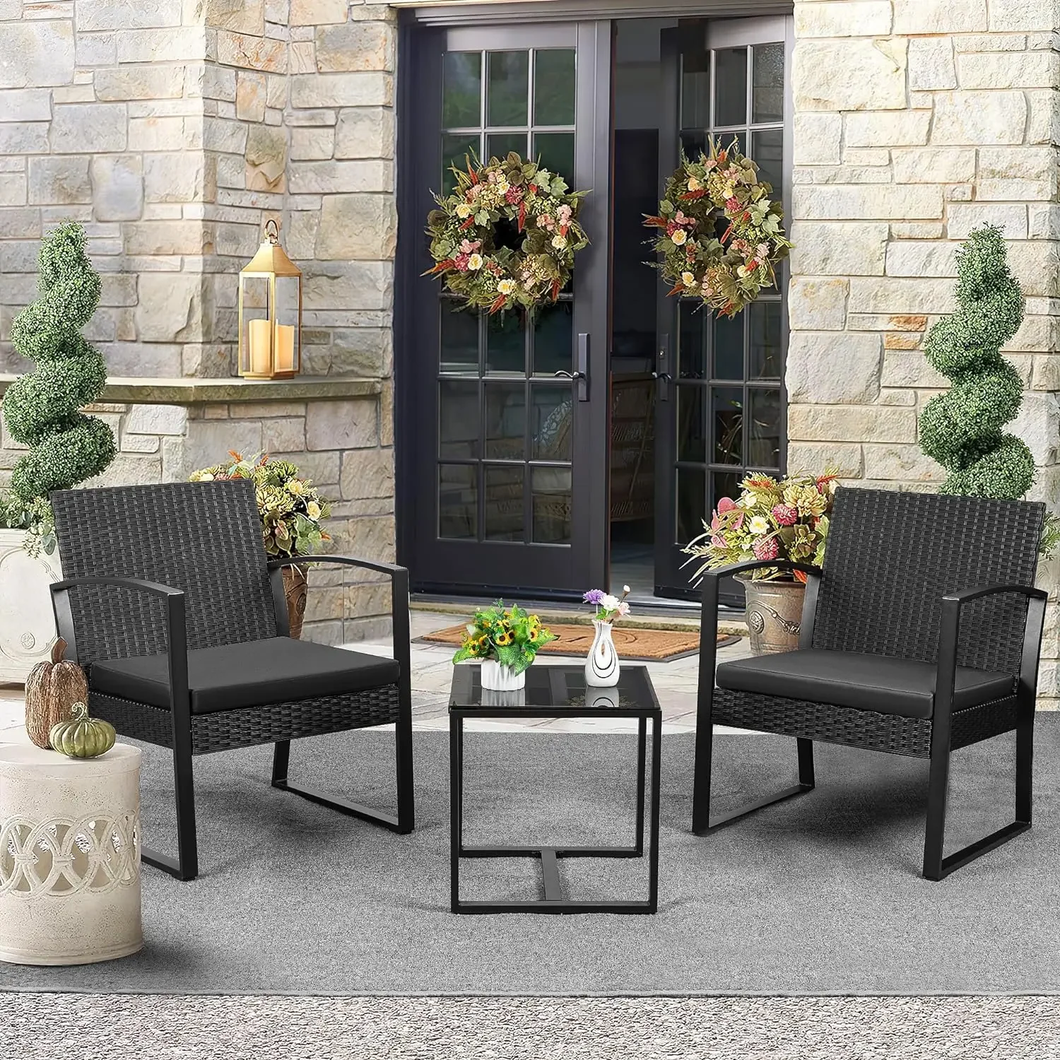 3 Piece Outdoor Patio Furniture Set for Balcony Porch Bistro, Black