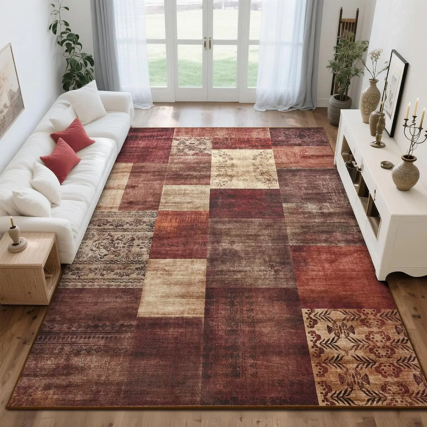 Red Modern Geometric Washable Area Rug, Non-Slip Patchwork Carpet for Living Room Bedroom Dining Room Office Home Decor