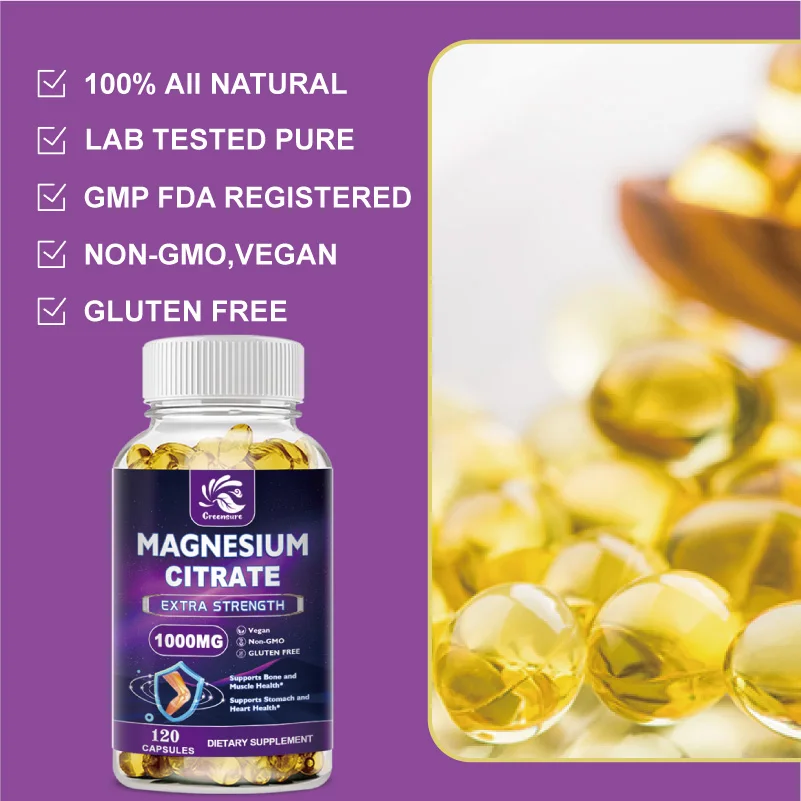 Greensure Magnesium Citrate Capsules for Muscle, Nerve, Bone and Heart Health Support, High Absorption Citric Acid Complex