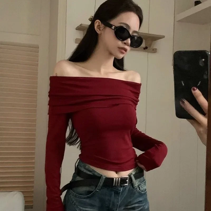 Solid T-shirts Women Vintage Summer Spicy Girls Long Sleeve Slash Neck Slim Basic Sexy Korean Style Chic Streetwear All-match