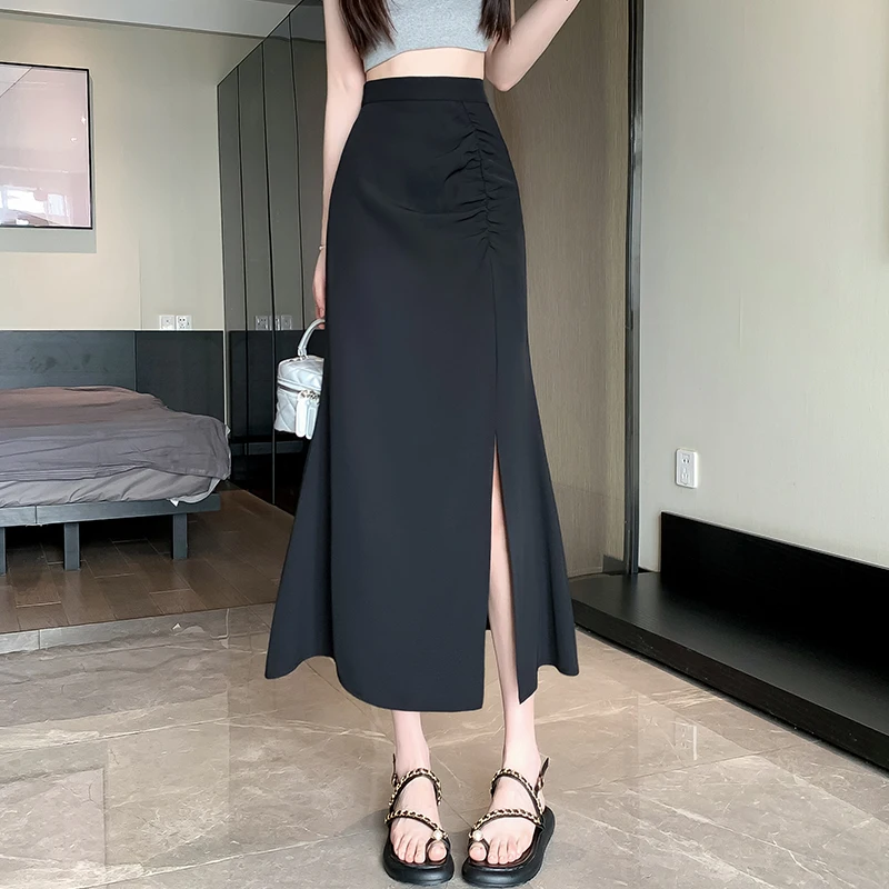 Seoulish-Jupe trapèze taille haute fendue en queue de poisson pour femme, tenue de bureau élégante et décontractée, couleur unie, nouvelle collection été 2024