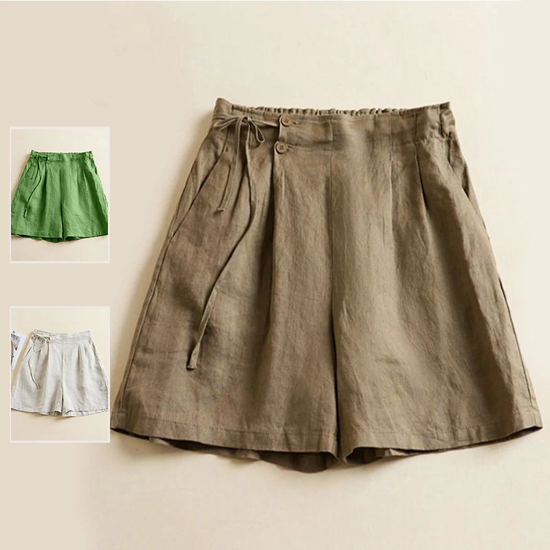 

Casual Cotton Linen Pleated Wide Leg Pants Summer plus Size Women's Faion Slimming orts Artistic mid Waist Straight Cut