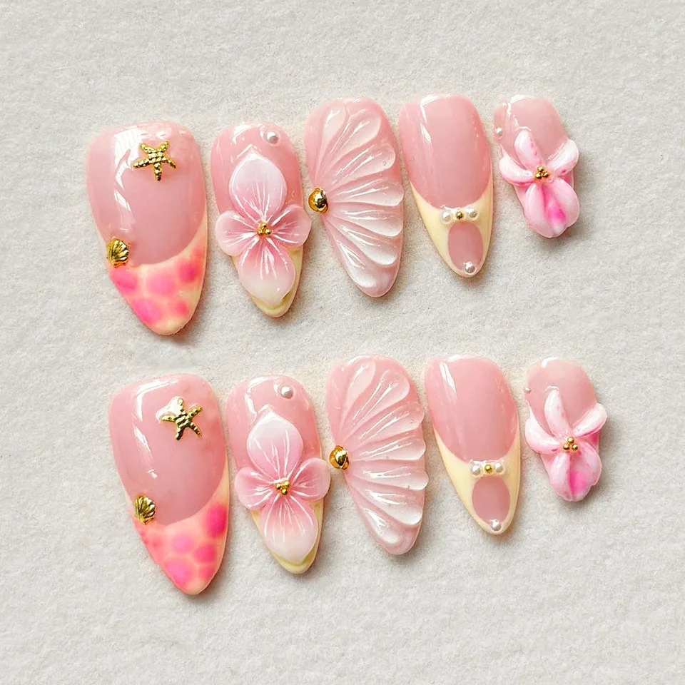 24 piezas de uñas postizas estilo verano en forma de almendra francesa con estampado de estrellas de mar y flores, desmontables, cubierta completa, para mujer 3