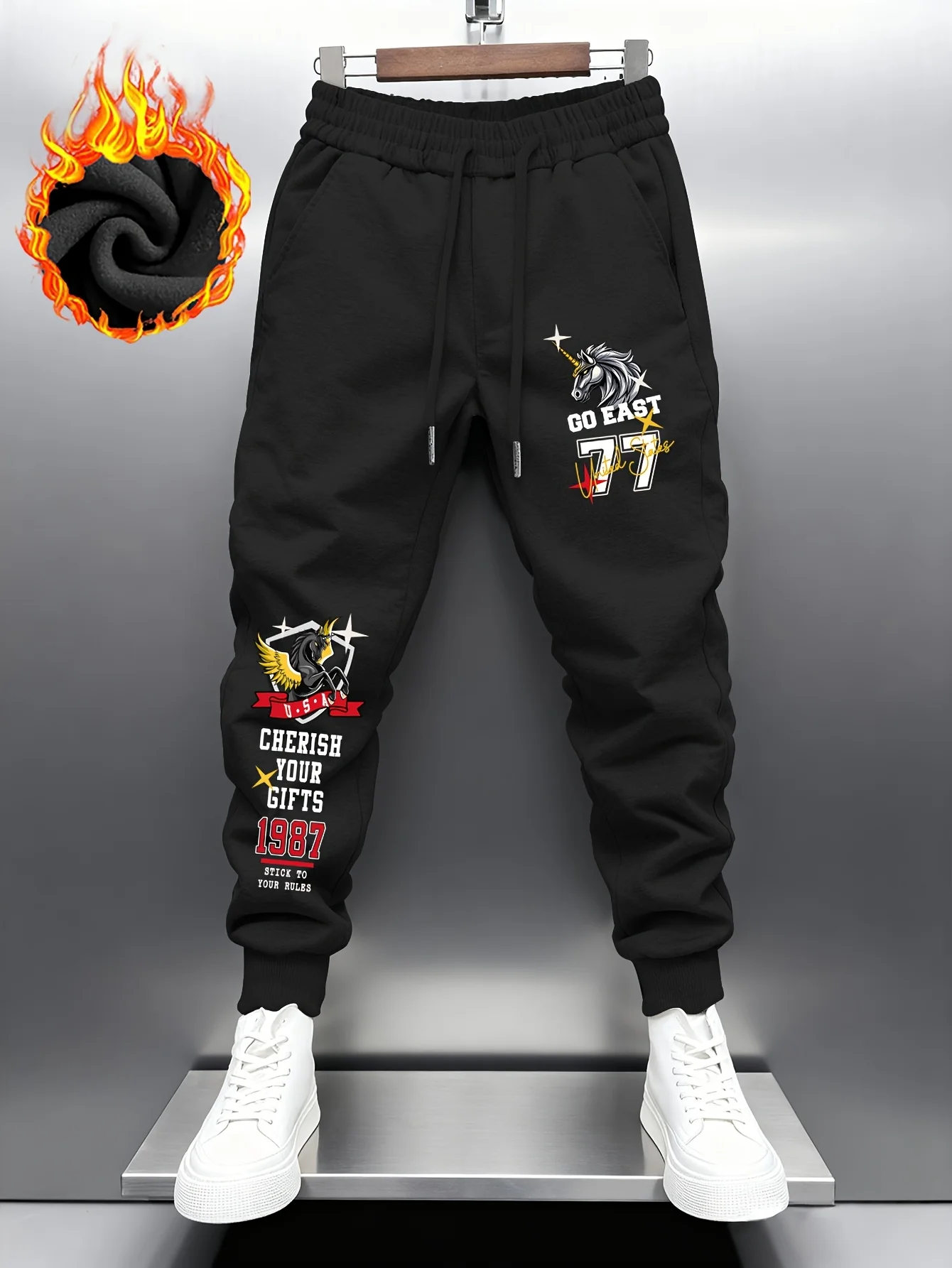 Cool unicorn pegasus badge with vintage number slogan graphic sweatpants for men hip hop sports street jogger trousers