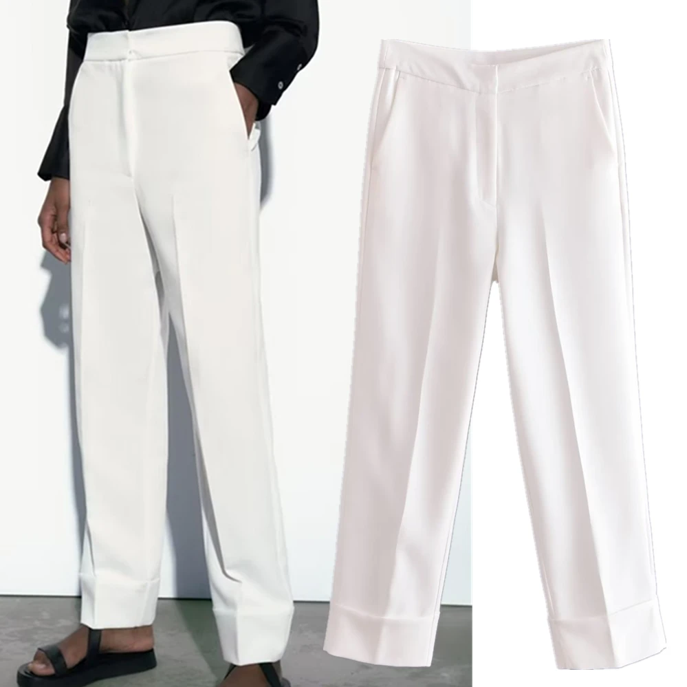 

Withered British Fashion Simple Suit Pants Office Ladies Straight White Commuter High Waist Casual Pants Women