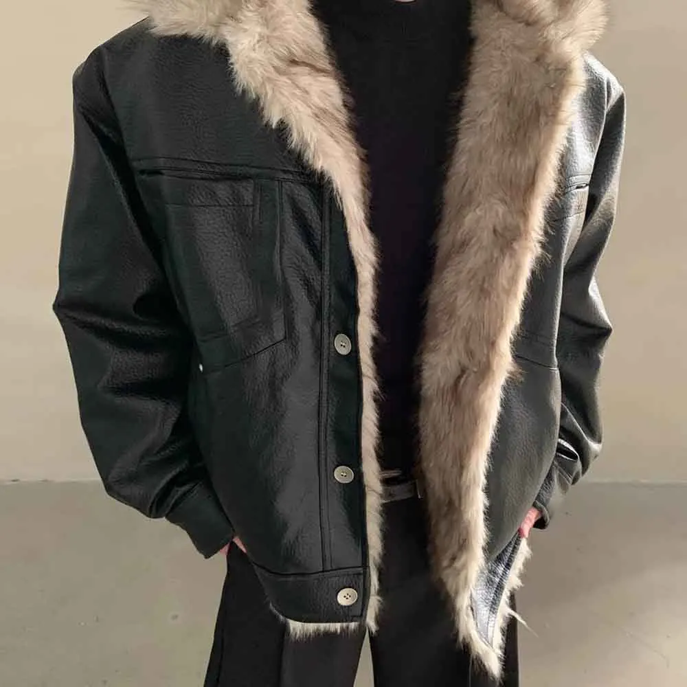 

Winter Men's Solid Color Fur-lined Long-sleeved Jacket American Retro Fashion Trendy High Street Casual Loose Niche Men's Top