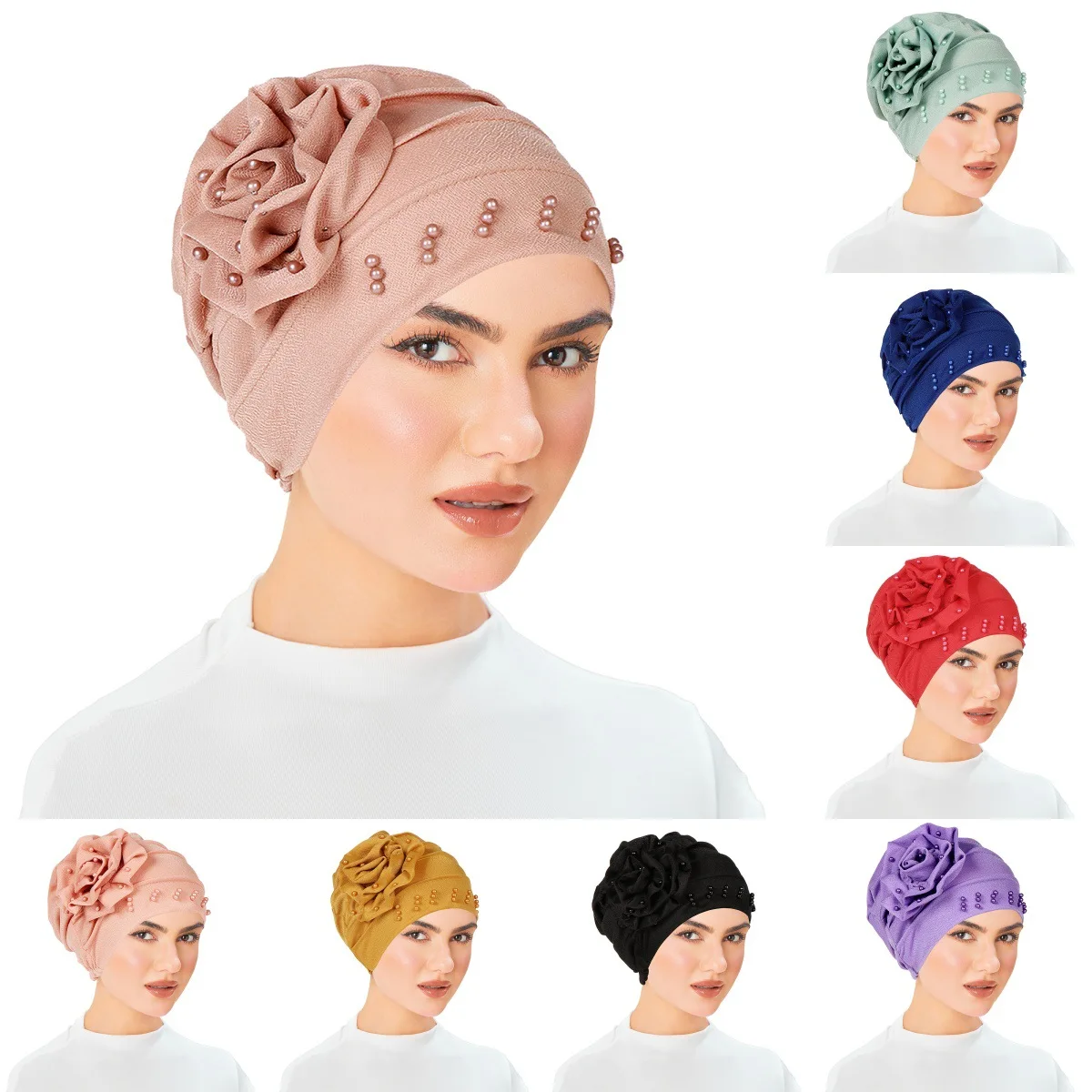 

Solid Color Flowers Muslim Hijab Cap Pearls Indian Beanie Hair Loss Head Cover Turban Cancer Chemo Islamic Headwear Ladies Hats