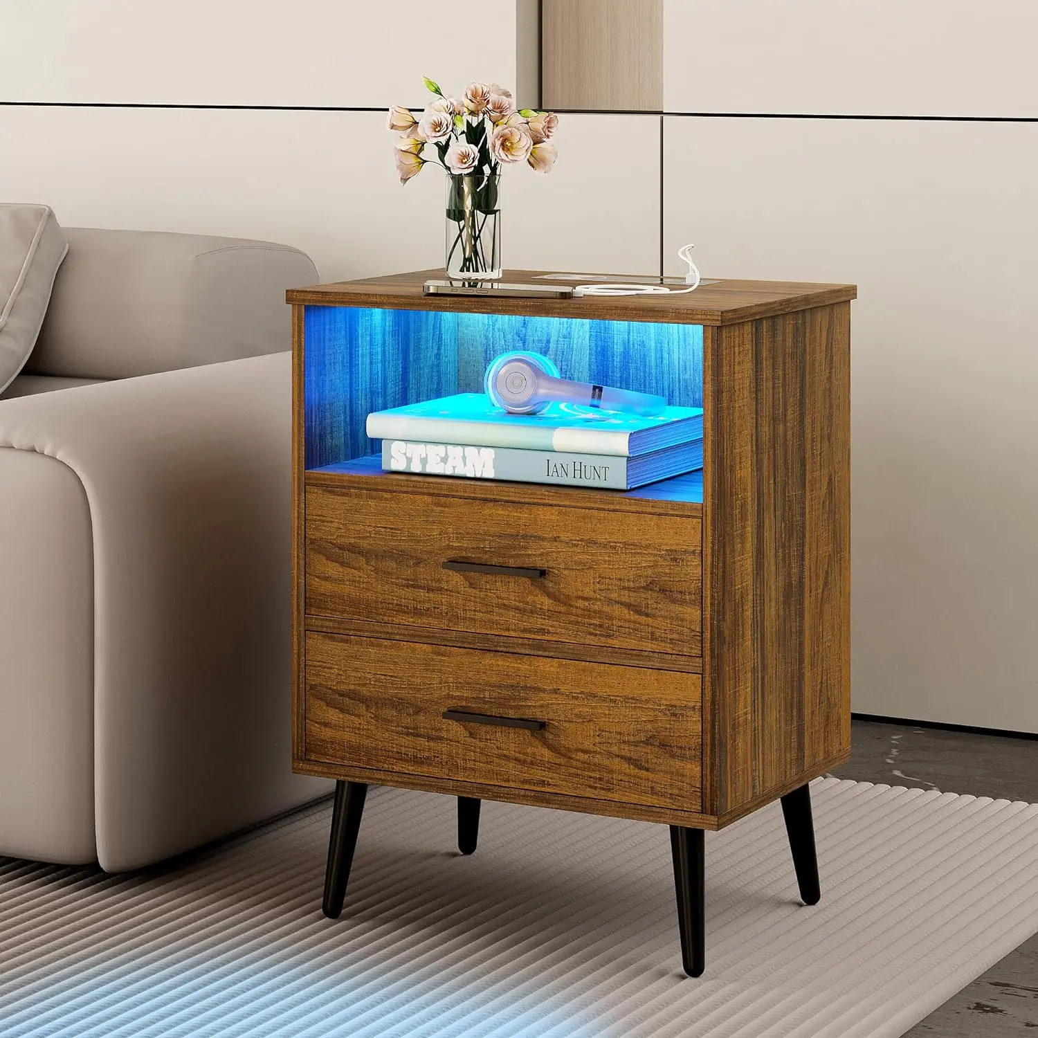 A rustic brown bedside table with an open shelf and 2 drawers, featuring a charging station and USB port, modern medieval times