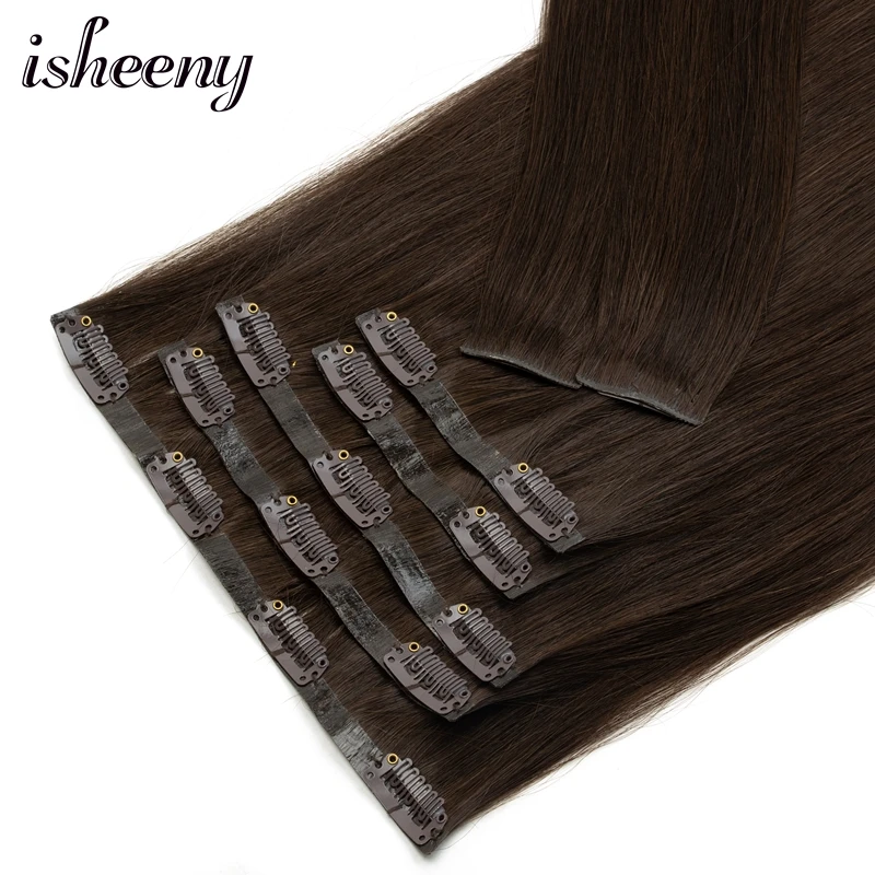 Isheeny Clip Invisible en cabello humano 7 unids/set 12-24 pulgadas Natural recto inyectado fino PU trama de piel mechones de trama de cabello Clip en