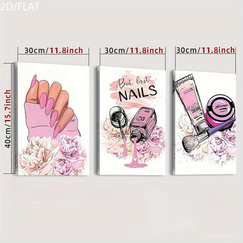 3pcs Set Beauty Wall Art Pink Nail Polish, Nail Oil And Floral Light Beige Care Patterns, Ideal Salon Or Dressing Table Decora