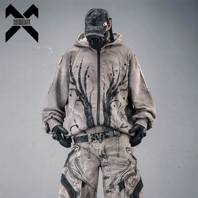 Wasteland Style Zip Up Hoodie Men Dirty Wash Graffiti Rivet Hooded Jacket Heavyweight Streetwear Oversized Distressed Sweatshirt