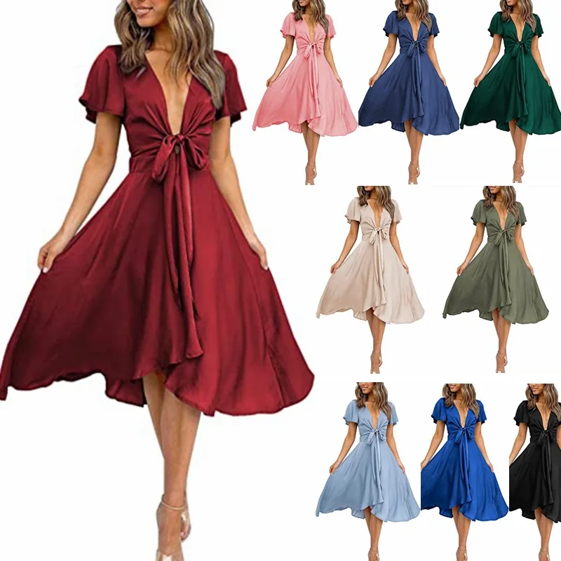 

Women's Summer Sexy Dress V-Neck Bow Short Sleeve High Waist Sexy Dress Women Satin Slim Solid Female Clothing