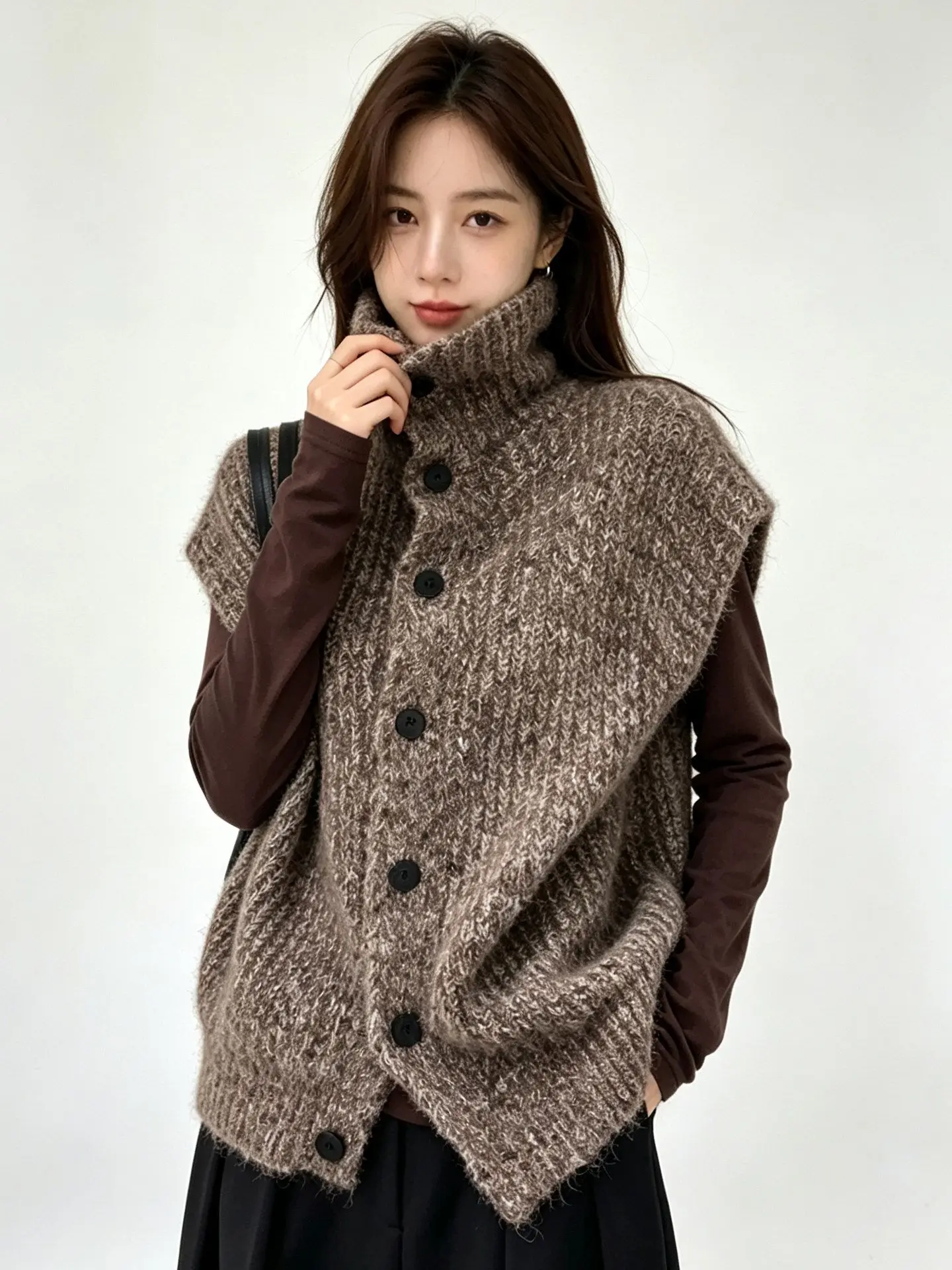 Kimutomo Women French Retro Sleeveless Knit Vest Autumn Turtleneck Sweater Waistcoat Button Up Cardigan Layering Outer Top