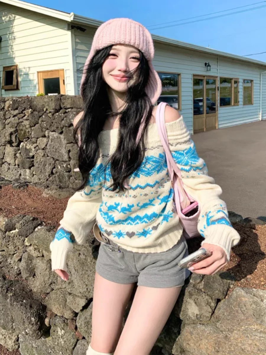 เสื้อสเวตเตอร์ถักลาย Fair Isle สไตล์เรโทรนอร์ดิกสำหรับผู้หญิง ฤดูใบไม้ร่วง ฤดูหนาว ดีไซน์เปิดไหล่ ให้ความรู้สึกหรูหรา สวยงาม
