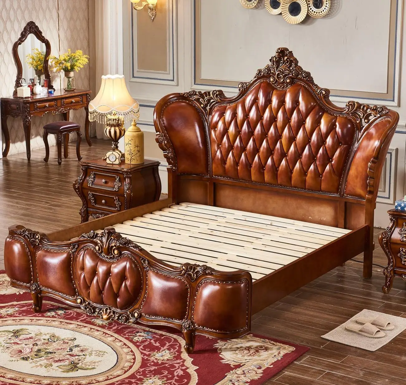 

For European Classic Queen king Size Wedding Double Bed Furniture Set Luxury Carved Solid Wooden Genuine Leather Bedroom Bed Set
