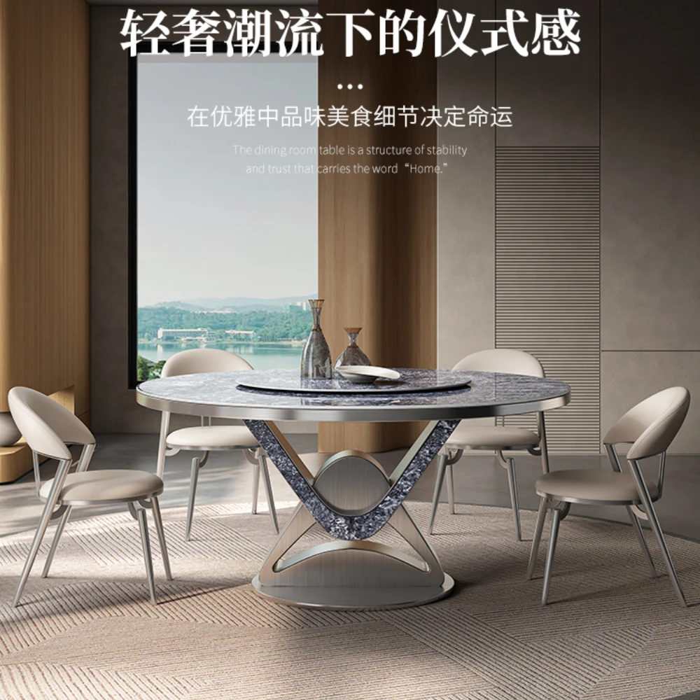 

Stone Plate Round Table High-End 10 People with Turntable Mild Luxury Marble Dining Tables and Chairs Combination