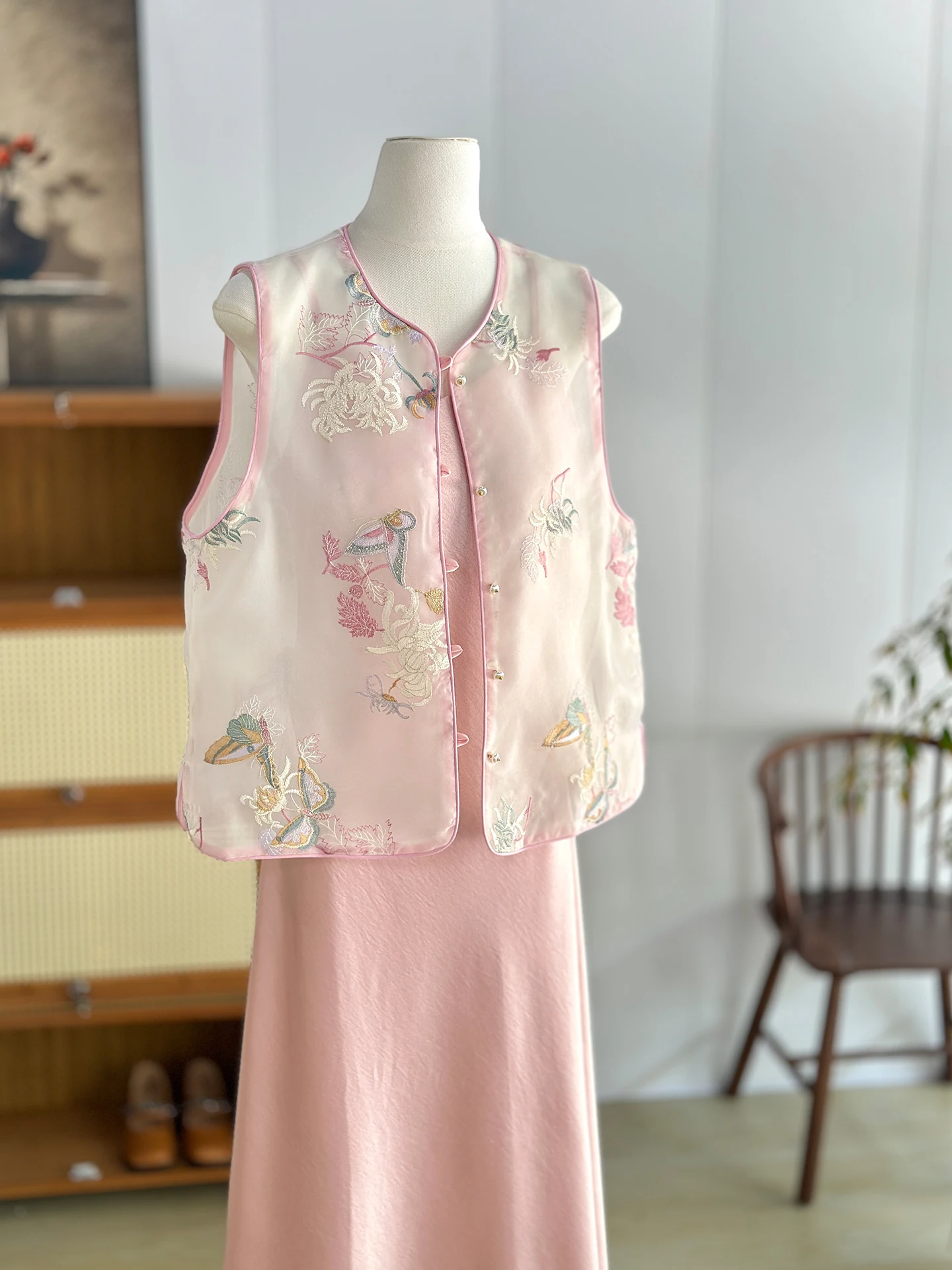 

High-End New Chinese Style Pink Vest Women's Summer Beautiful Tulle Two-Piece Suit Young Outerwear Waistcoat
