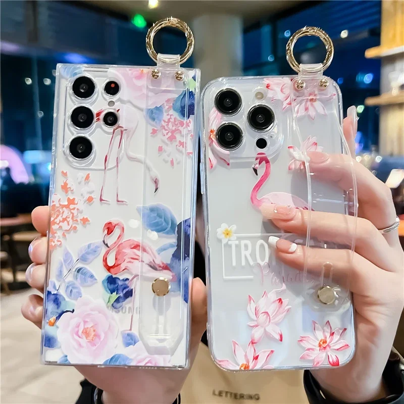 Fashion Flamingo Phone Holder Case for iPhone 15 14 Pro 13 12 11 Pro Max XR XS X SE 2020 7 8+ Transparent Hand Band Cover Coque