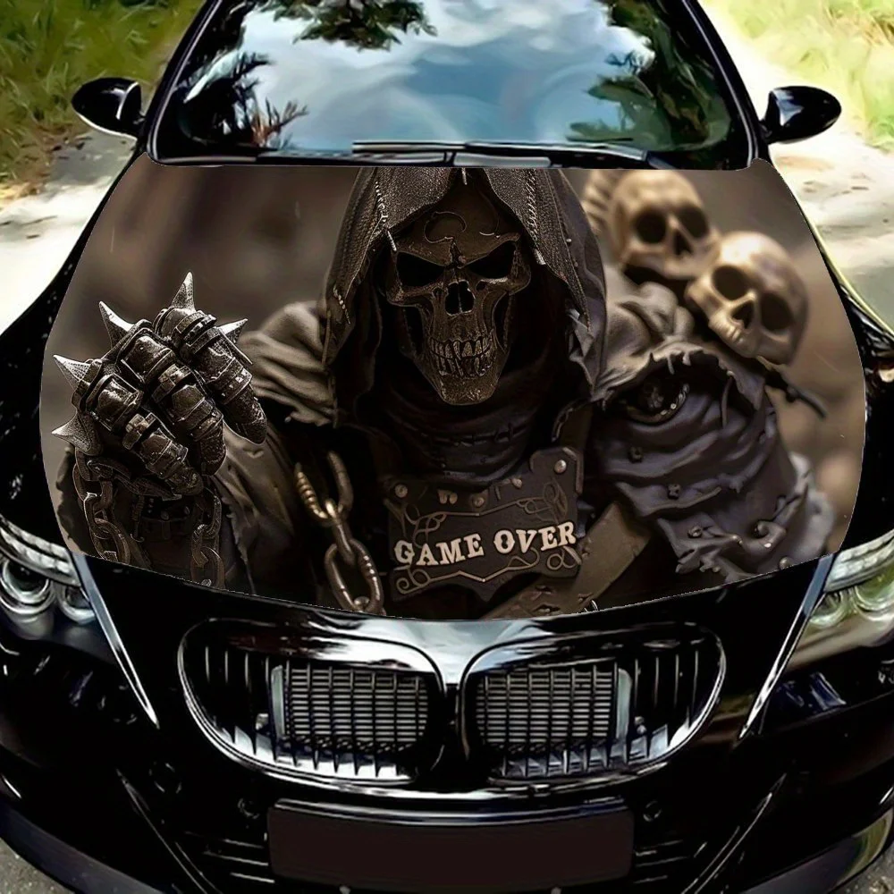 

Grim Reaper "GAME OVER" Car Vinyl Wrap, PVC Waterproof Car Hood Sticker, Self-Adhesive Scratch-Resistant Stickers for Engine Cov