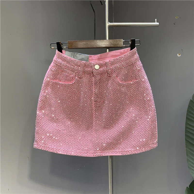 

2026 New Heavy Industry Hot Drilling High-End Denim Skirt Women Spring Summer High Waist Sexy A-Word Short Skirt Ladies