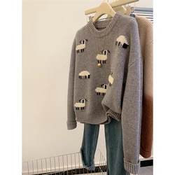 Korean Fashion Sweet Casual Knitting Long Sleeve Pullovers Women Autumn Winter Y2K Jumpers Animal Print Round Neck Retro Sweater