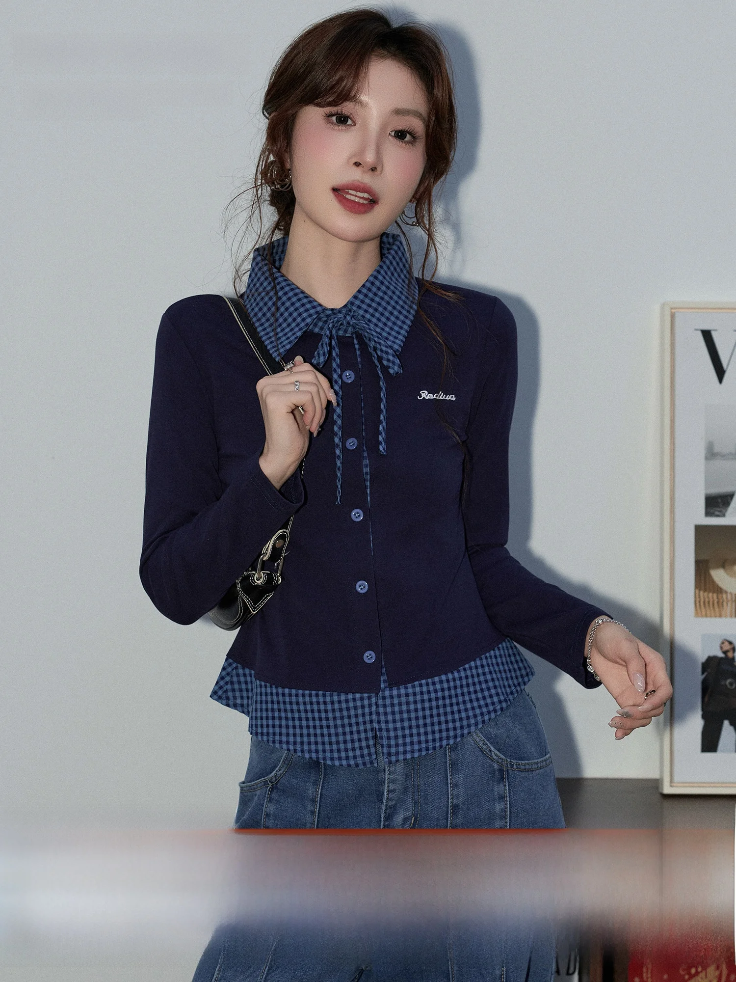 

Женская весенняя блузка Meng Xiaoqi College в горошек и клетку с завязками, приталенная, легкая в уходе, с длинным рукавом