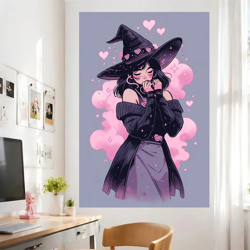 Pastel Goth Witch Girl Tapestry Sweet Pink Heart Magic Wall Hanging Art for Dorm Bedroom Halloween Aesthetic Room Home Decor